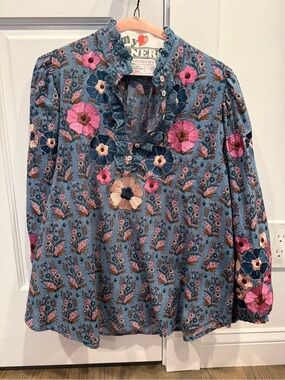 Antik Batik Blue Floral Embroidered Ruffle-Neck Blouse